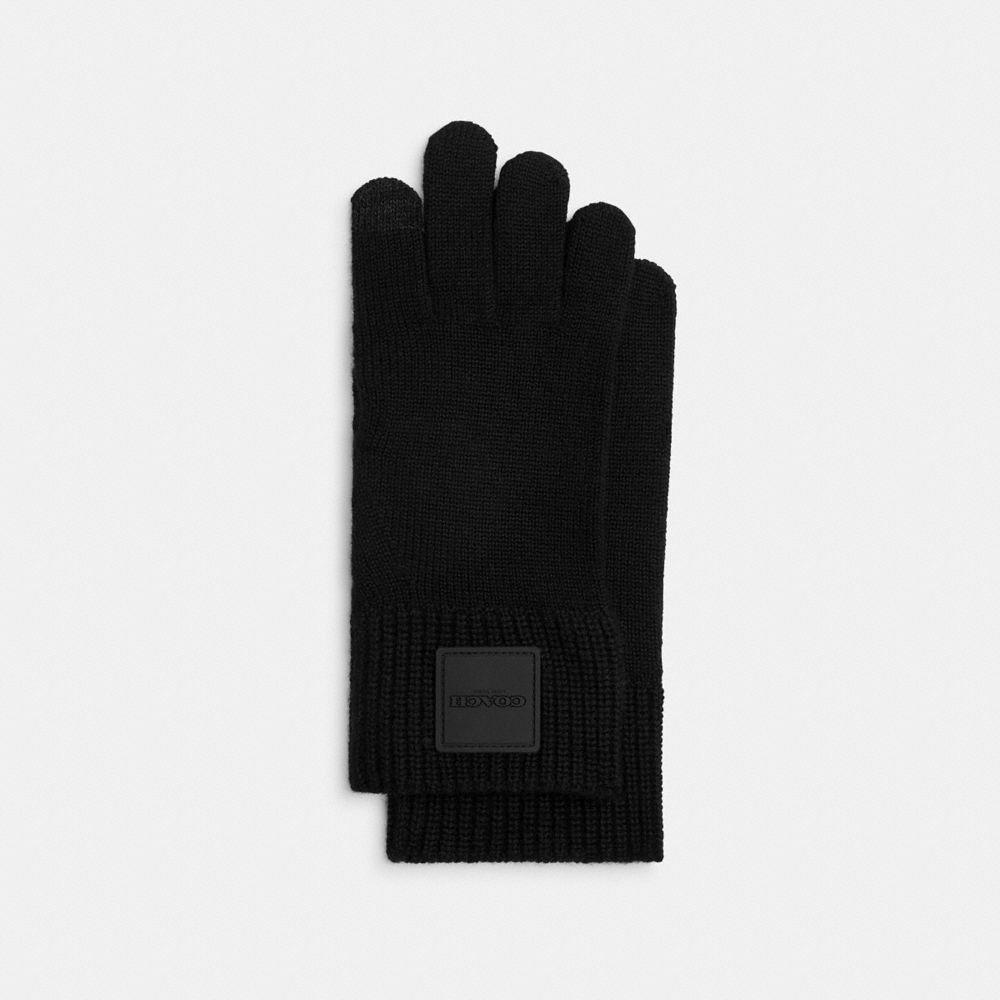 Coach Knit Tech Gloves With Rubber Patch Black