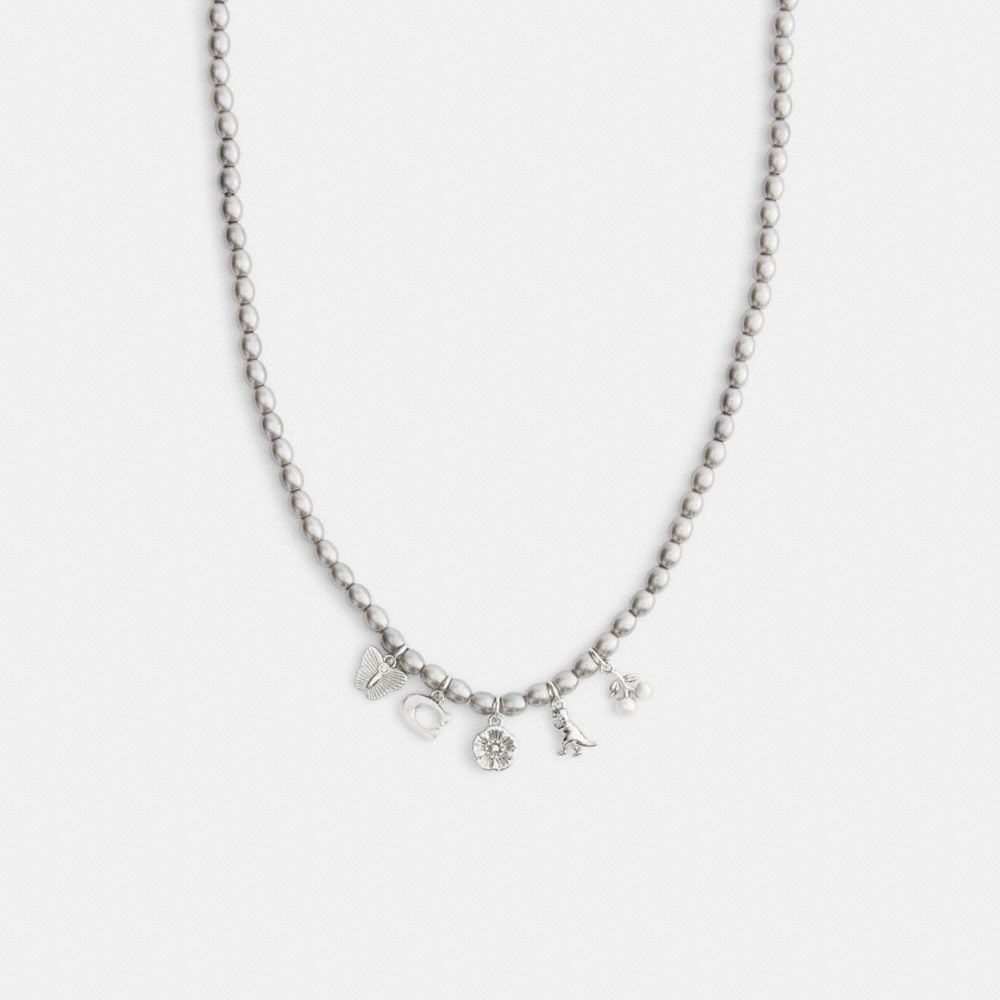 Coach Butterfly And Rexy Charm Pearl Necklace Silver Grey