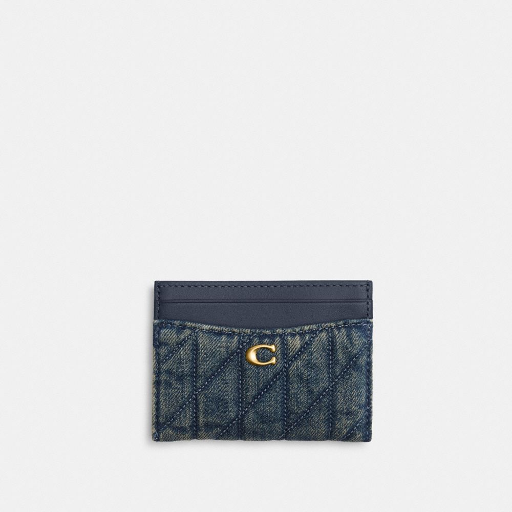 Coach Essential Card Case In Regenerative Cotton Denim With Quilting Brass Dark Indigo