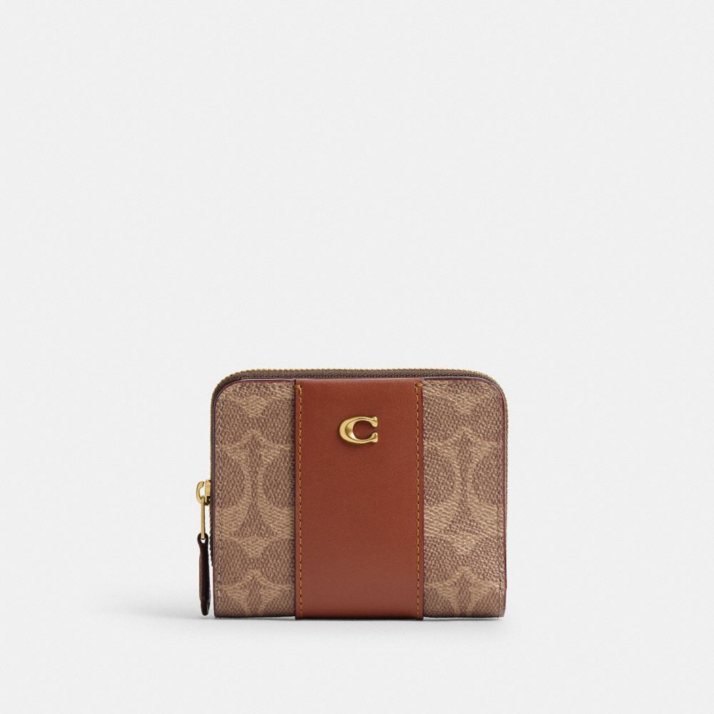 Coach Essential Billfold Wallet In Colorblock Signature Canvas Brass Tan Caramel