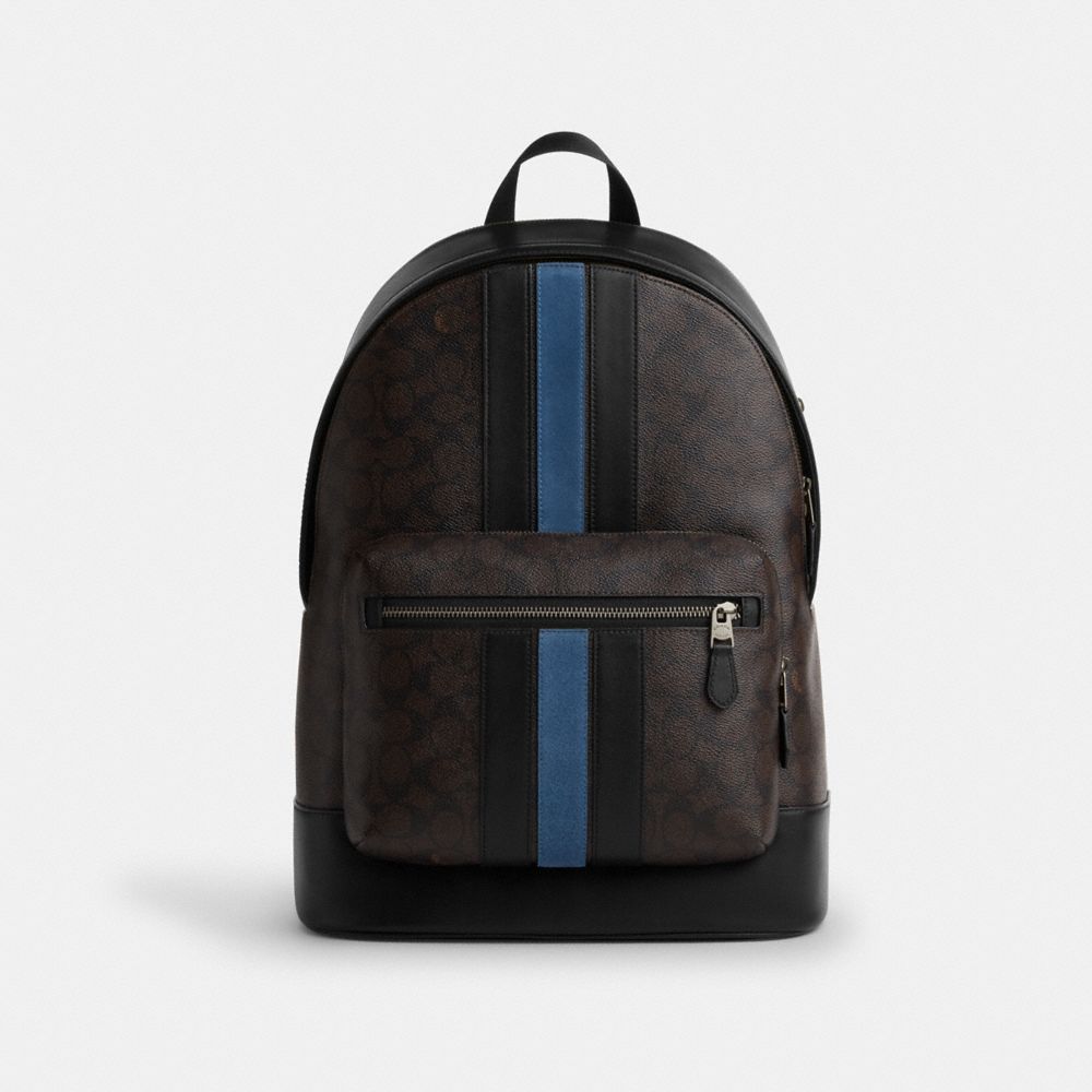 Coach West Backpack In Signature Canvas With Varsity Stripe Gunmetal