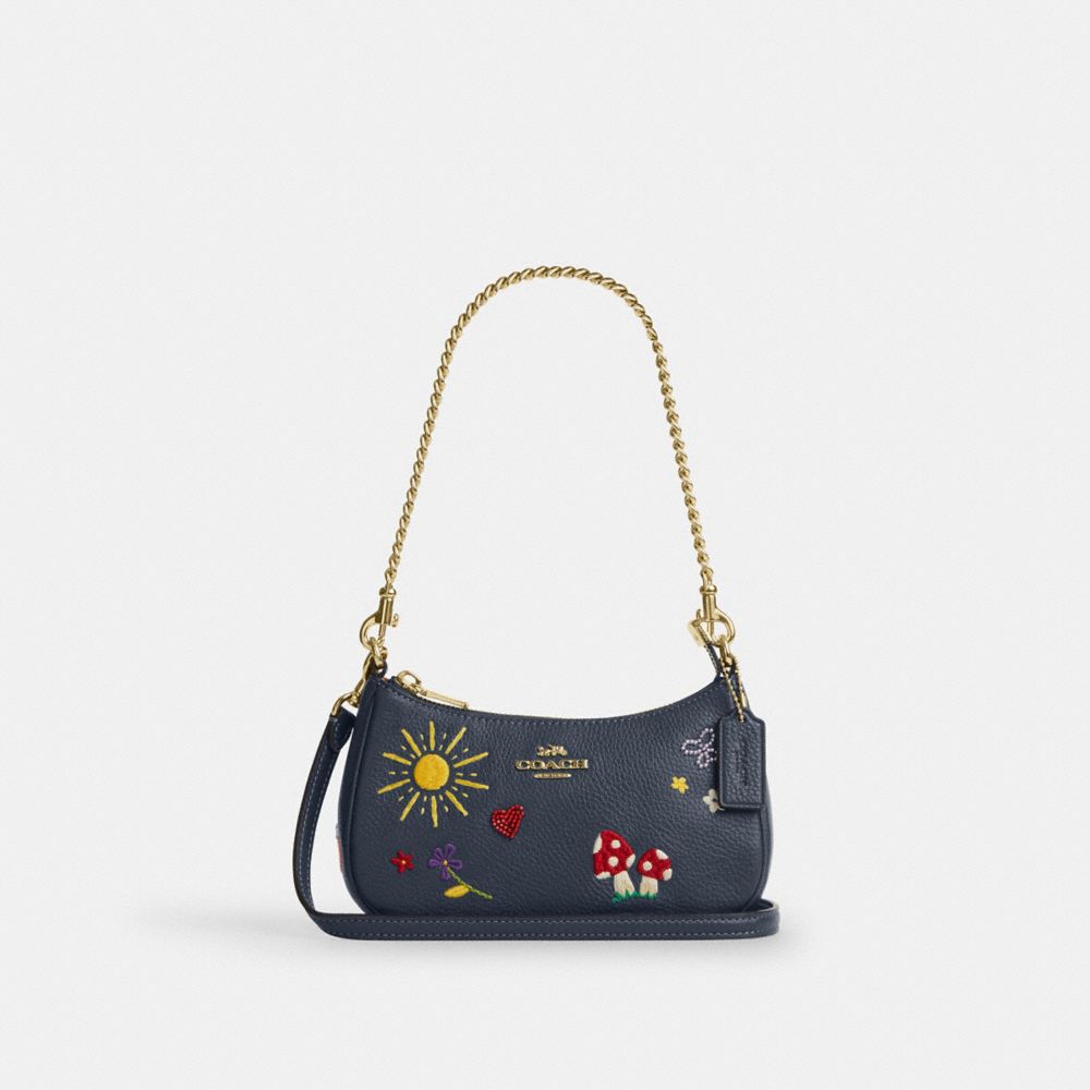 Coach Teri Mini Crossbody Bag With Embroidery Gold Dark Denim