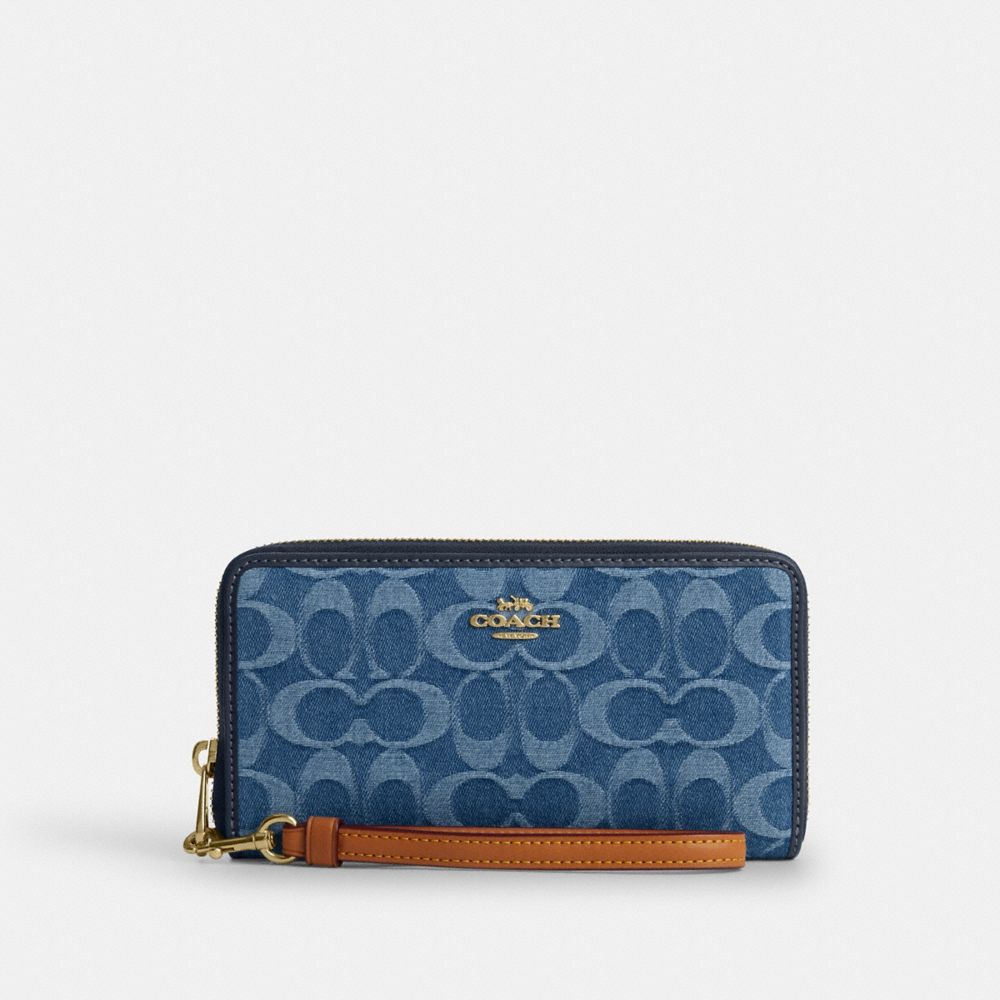 Coach Long Zip Around Wallet In Signature Denim Gold Indigo