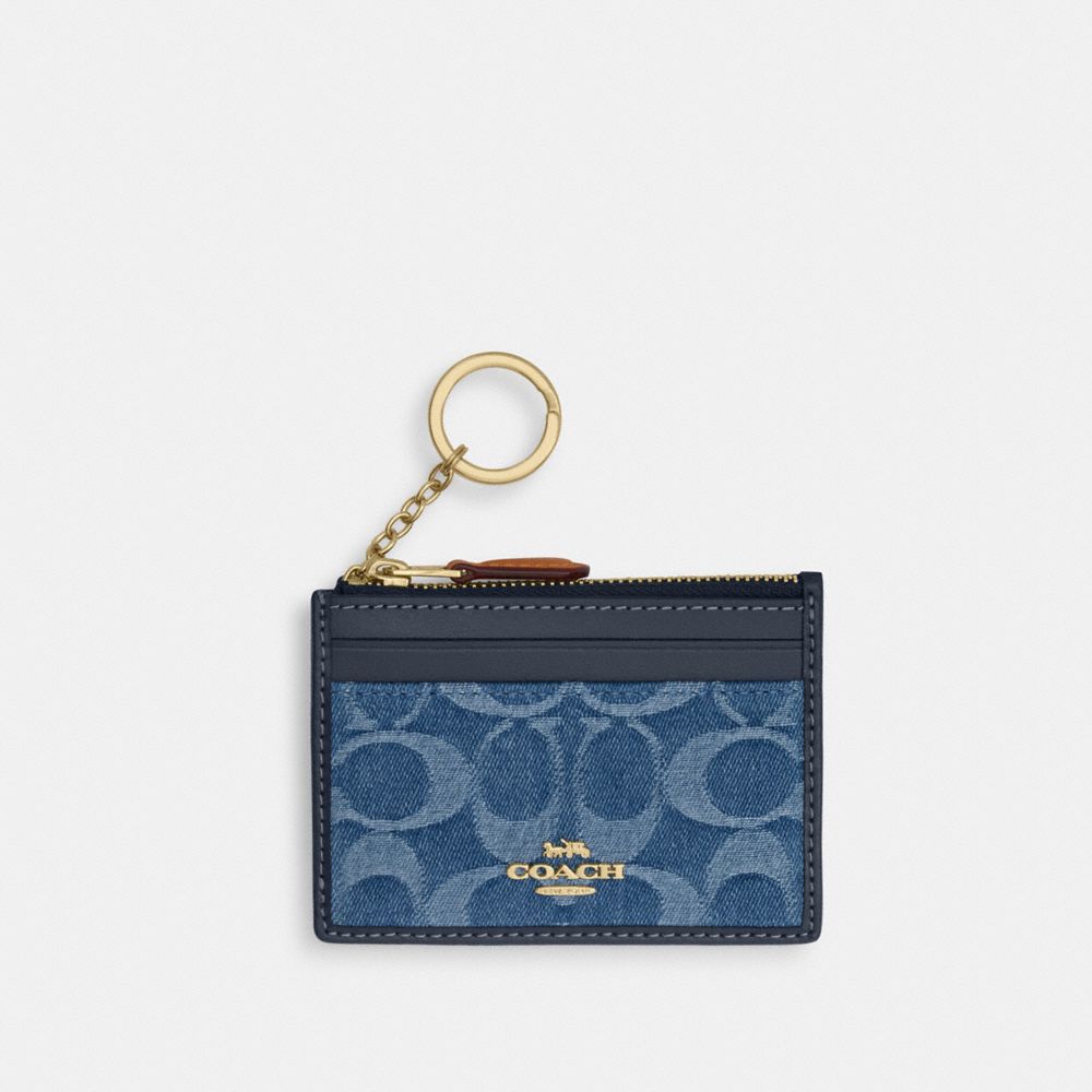 Coach Mini Skinny Id Case In Signature Denim Gold Indigo