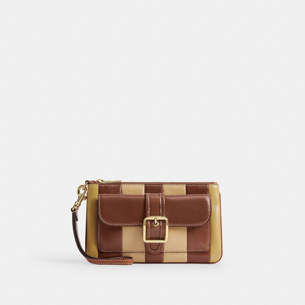 Coach Ashton Wristlet With Striped Patchwork Gold Redwood Multi