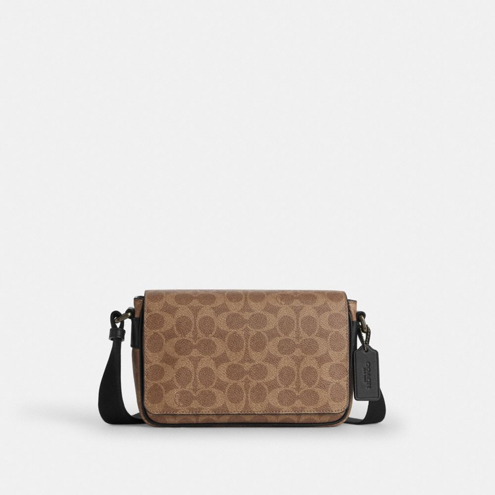 Coach Jack Small Flap Crossbody Bag In Signature Canvas Gunmetal Tan Black