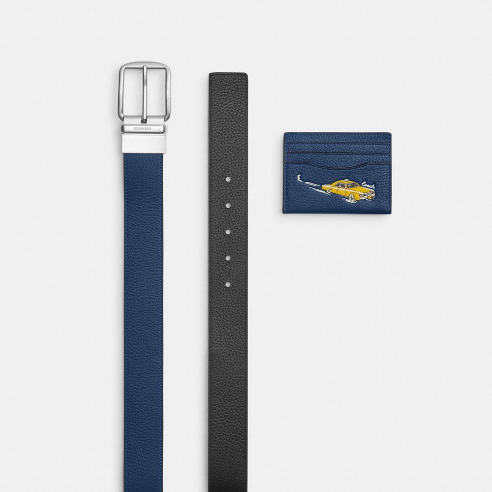 Coach Boxed Card Case And Belt Set With Car Print Silver Deep Blue Multi
