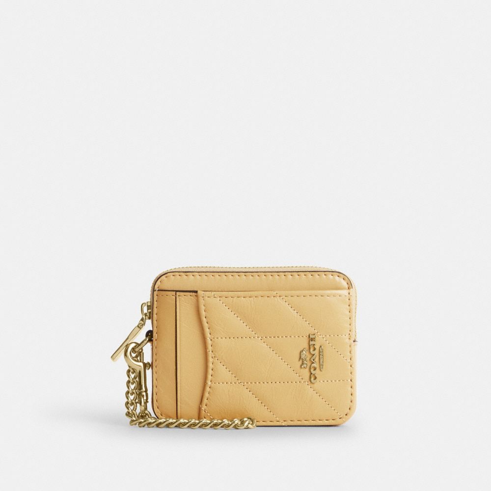 Coach Zip Card Case With Quilting Gold Soft Yellow