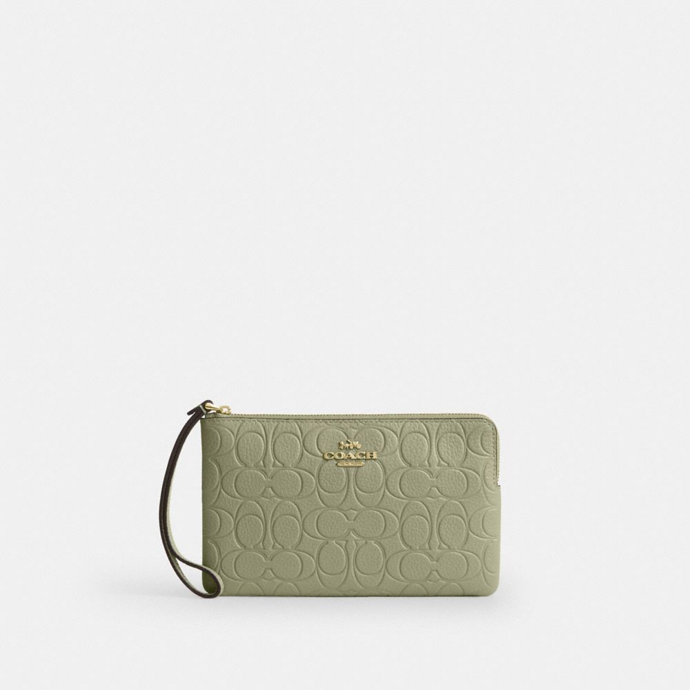 Coach Large Corner Zip Wristlet In Signature Leather Gold Pistachio