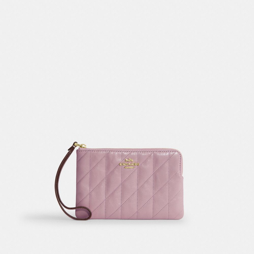 Coach Corner Zip Wristlet With Quilting Gold Carnation