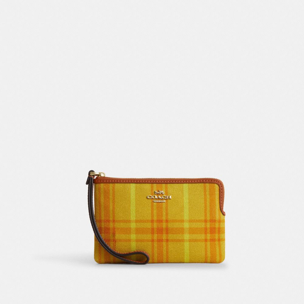 Coach Corner Zip Wristlet In Regenerative Cotton With Plaid Print Gold Burnished Amber