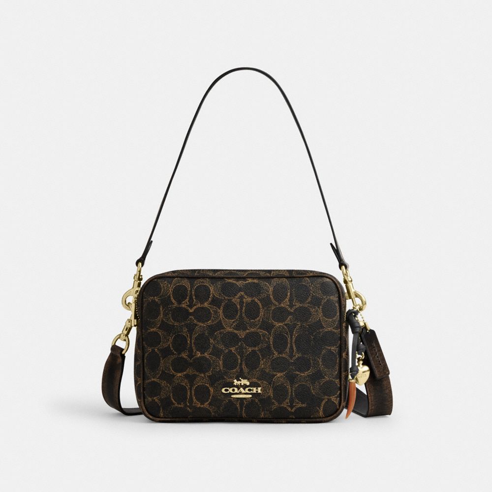 Coach Carey Crossbody Bag In Loved Signature Canvas With Charms Gold Brown