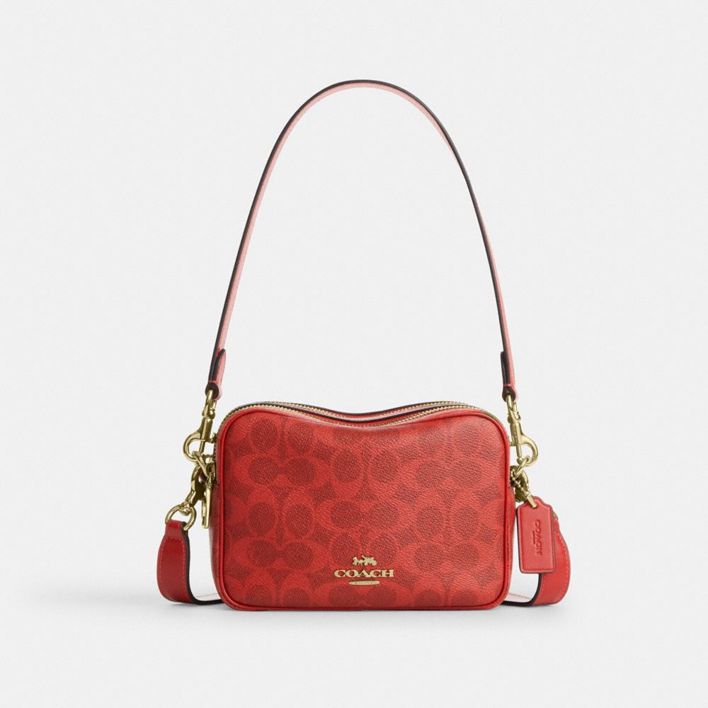 Coach Mini Carey Crossbody Bag In Signature Canvas Gold Crimson