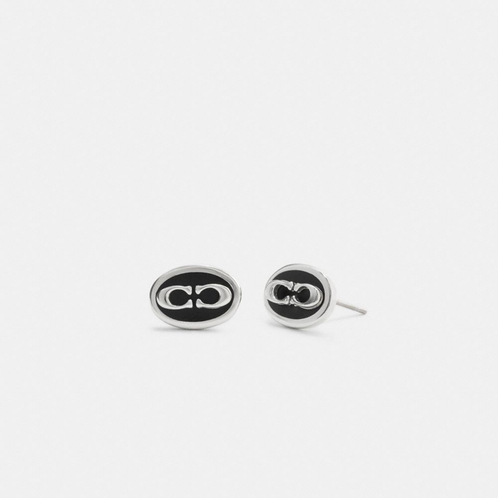 Coach Signature Link Enamel Stud Earrings Silver Black