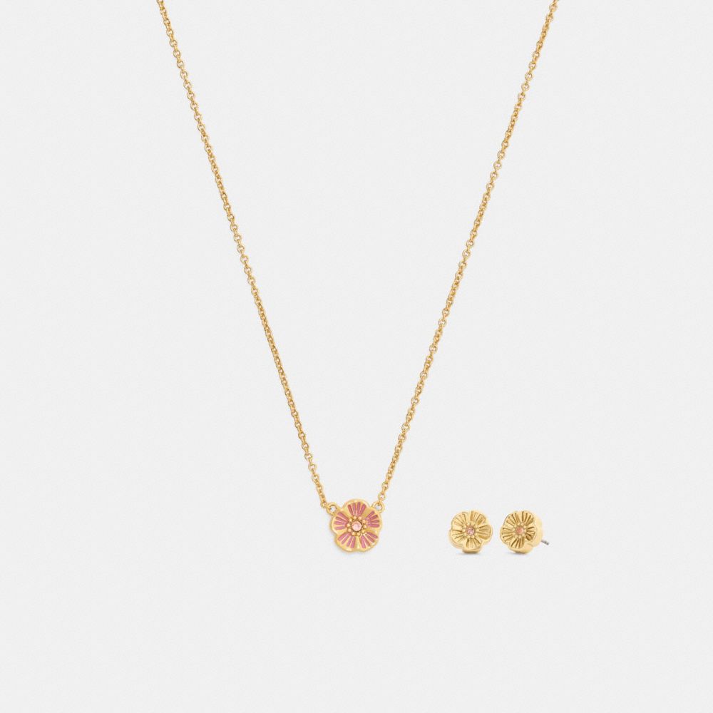 Coach Enamel Tea Rose Earrings And Necklace Set Gold Pink
