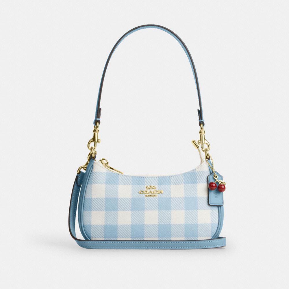 Coach Teri Mini Crossbody Bag With Gingham Print And Charm Gold Blue Multi