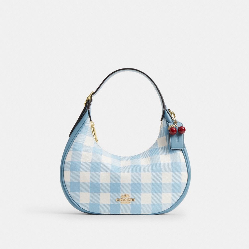Coach Emily Shoulder Bag With Gingham Print And Charm Gold Blue Multi