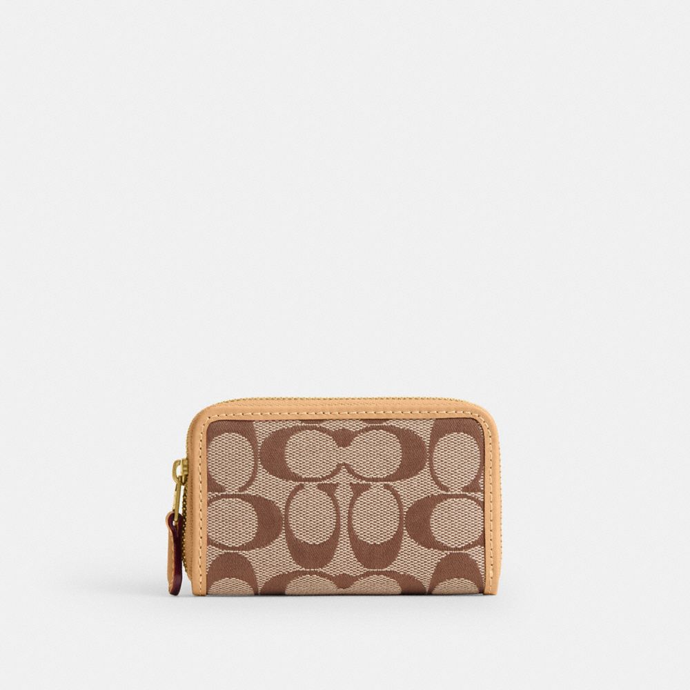 Coach Essential Small Zip Around Card Case In Signature Jacquard Brass Khaki Light Peach