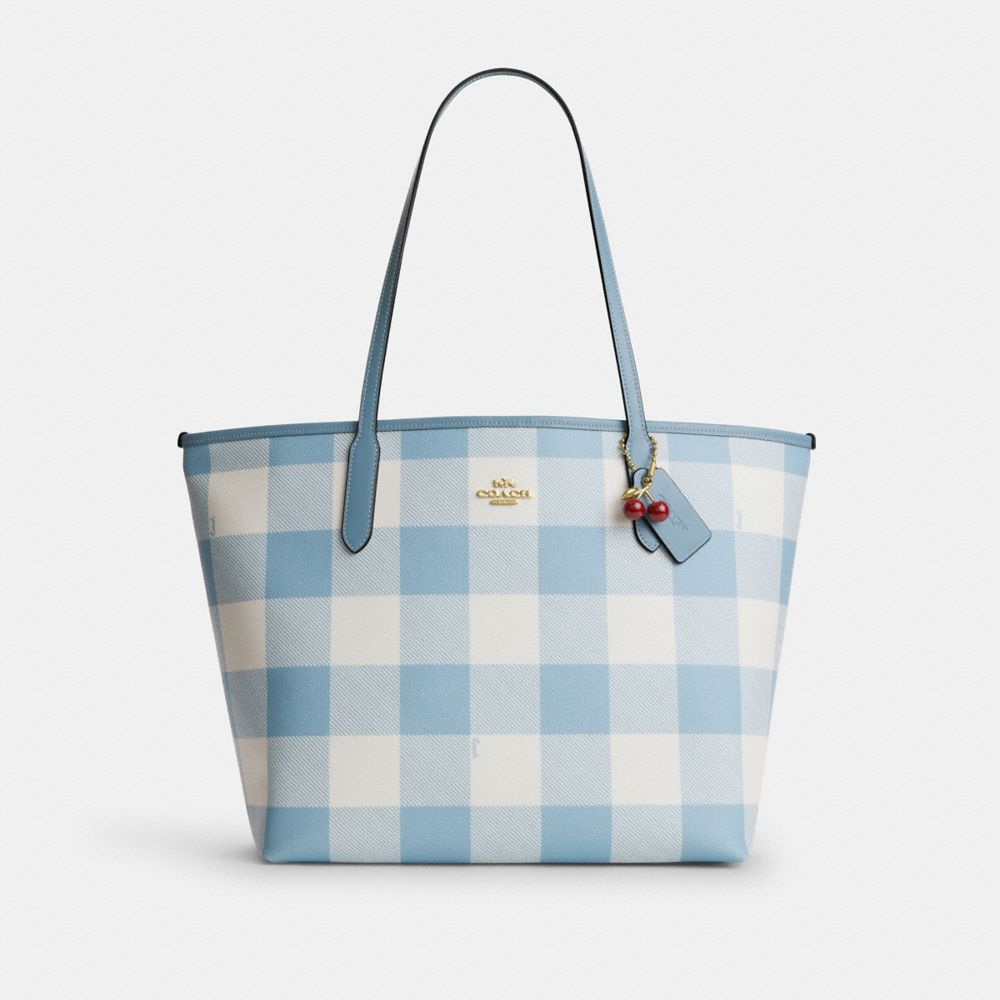 Coach City Tote Bag With Gingham Print And Charm Gold Blue Multi