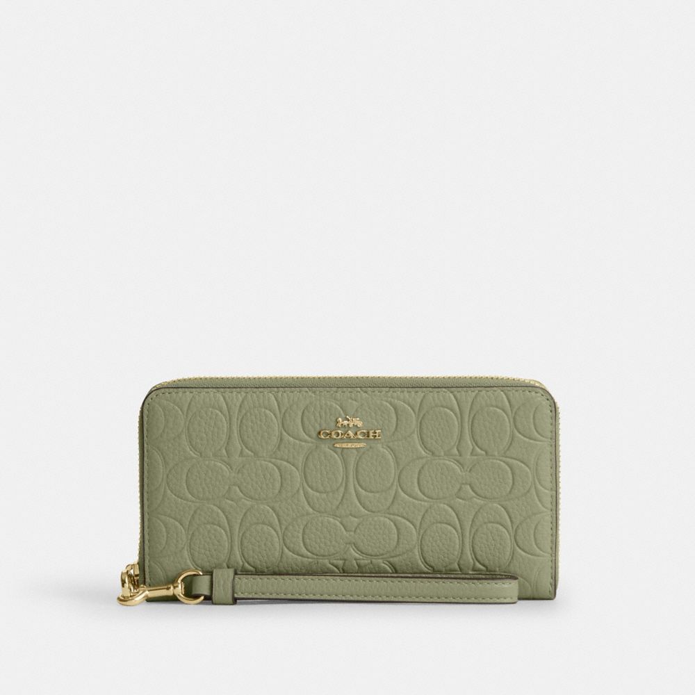 Coach Long Zip Around Wallet In Signature Leather Gold Pistachio