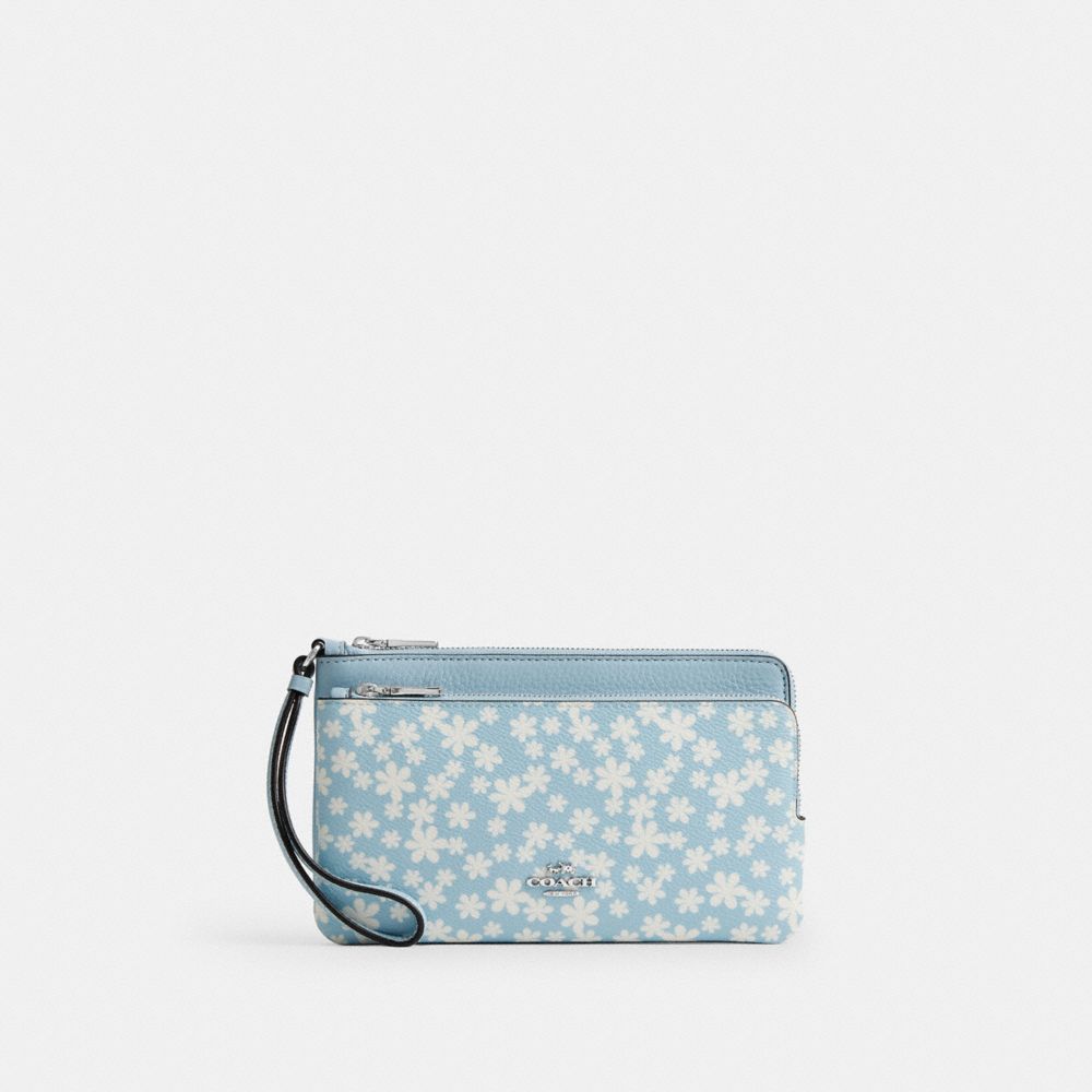 Coach Double Zip Wristlet With Floral Print Silver Blue Multi