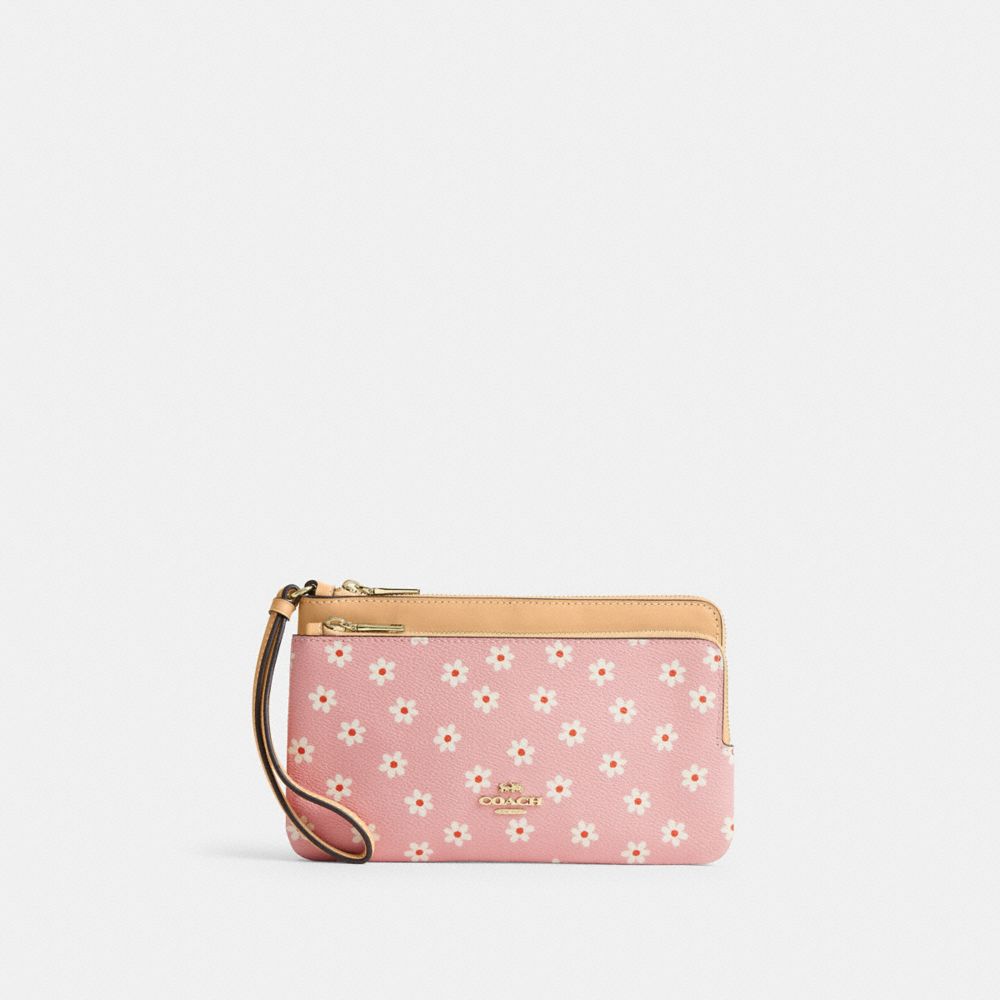Coach Double Zip Wristlet With Floral Print Gold Pink Multi