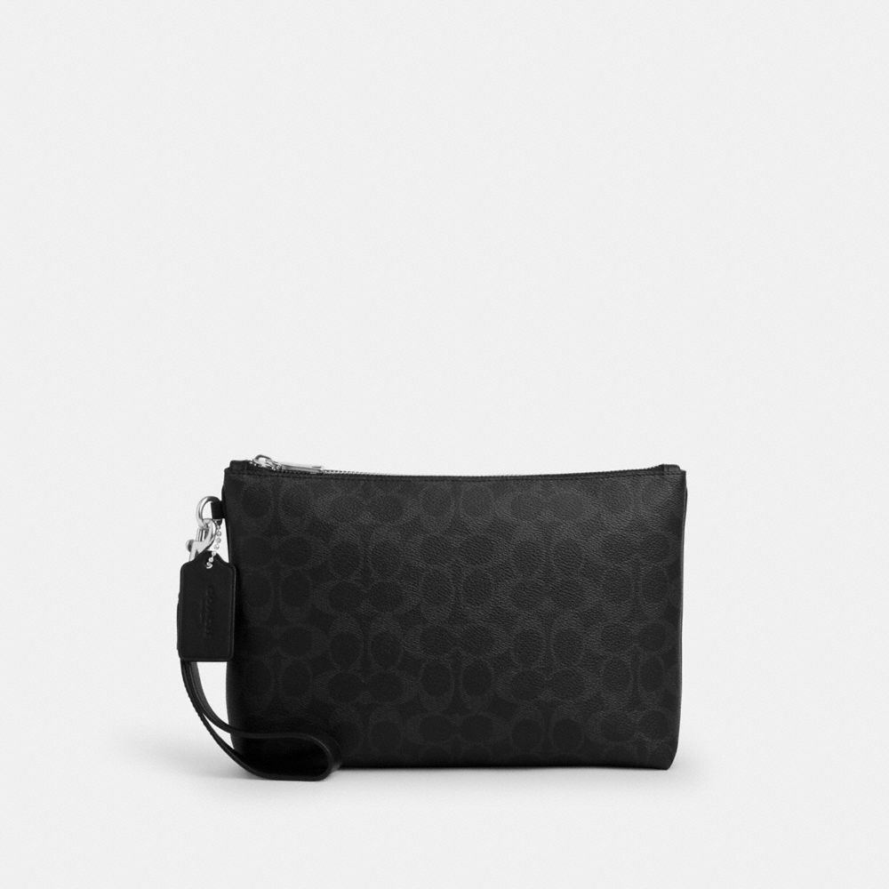 Coach Pouch In Signature Canvas Silver Black Signature
