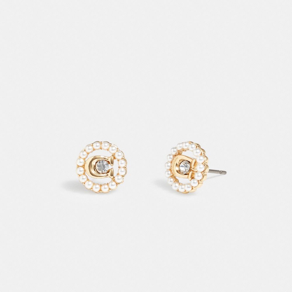Coach Sculpted C Pearl Stud Earrings Gold