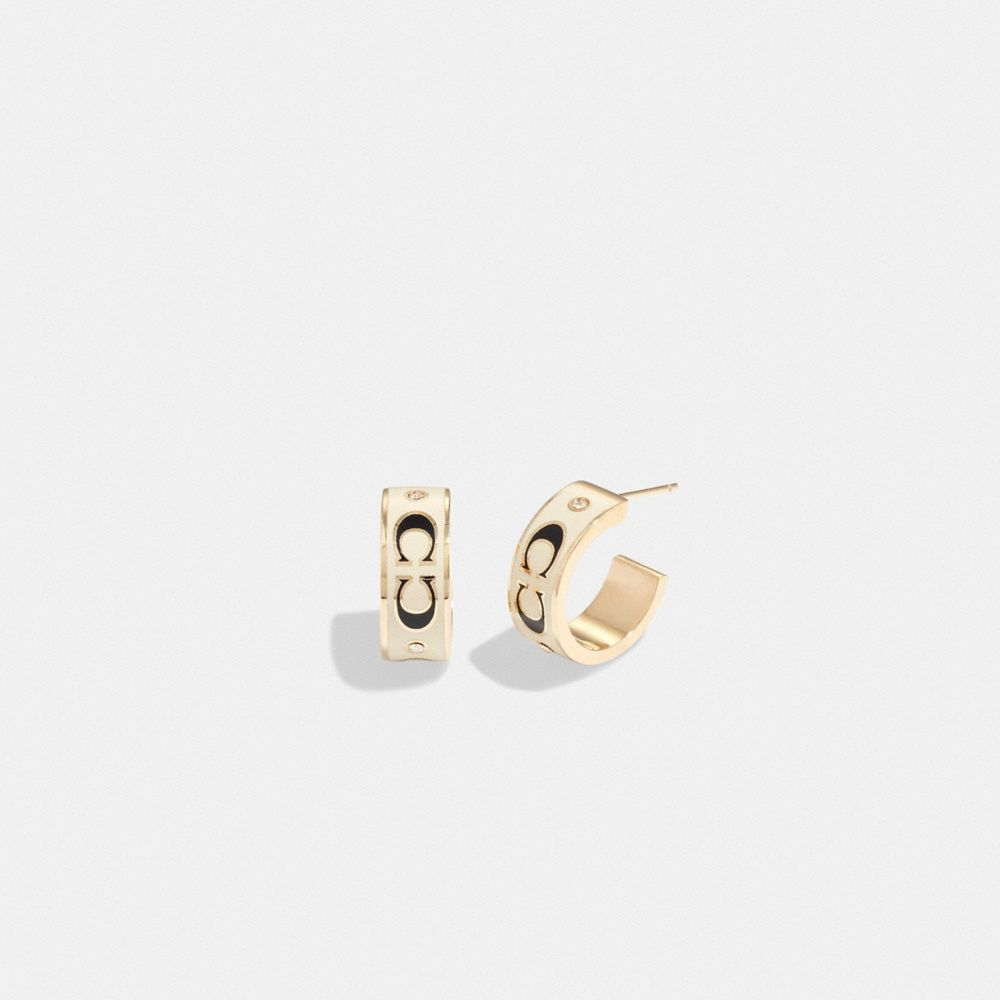 Coach Signature Enamel Huggie Earrings Gold White