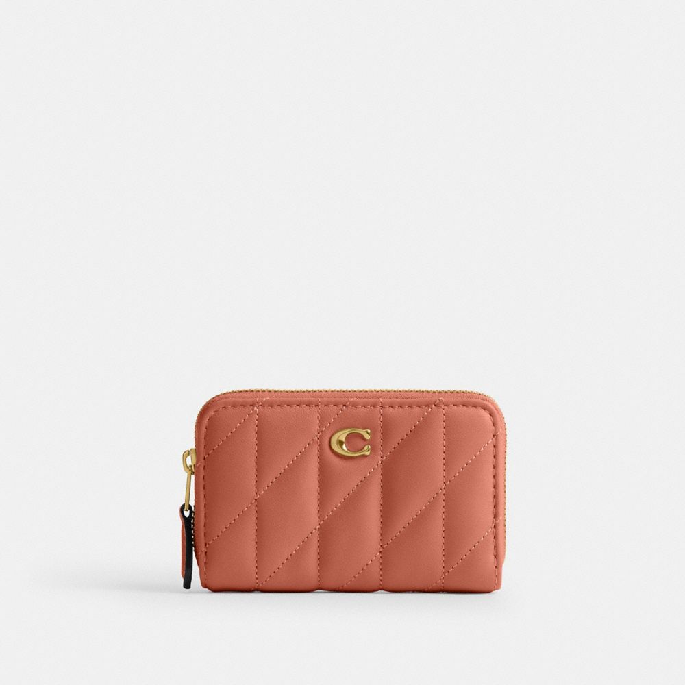 Coach Essential Small Zip Around Card Case With Pillow Quilting Brass Dark Peach