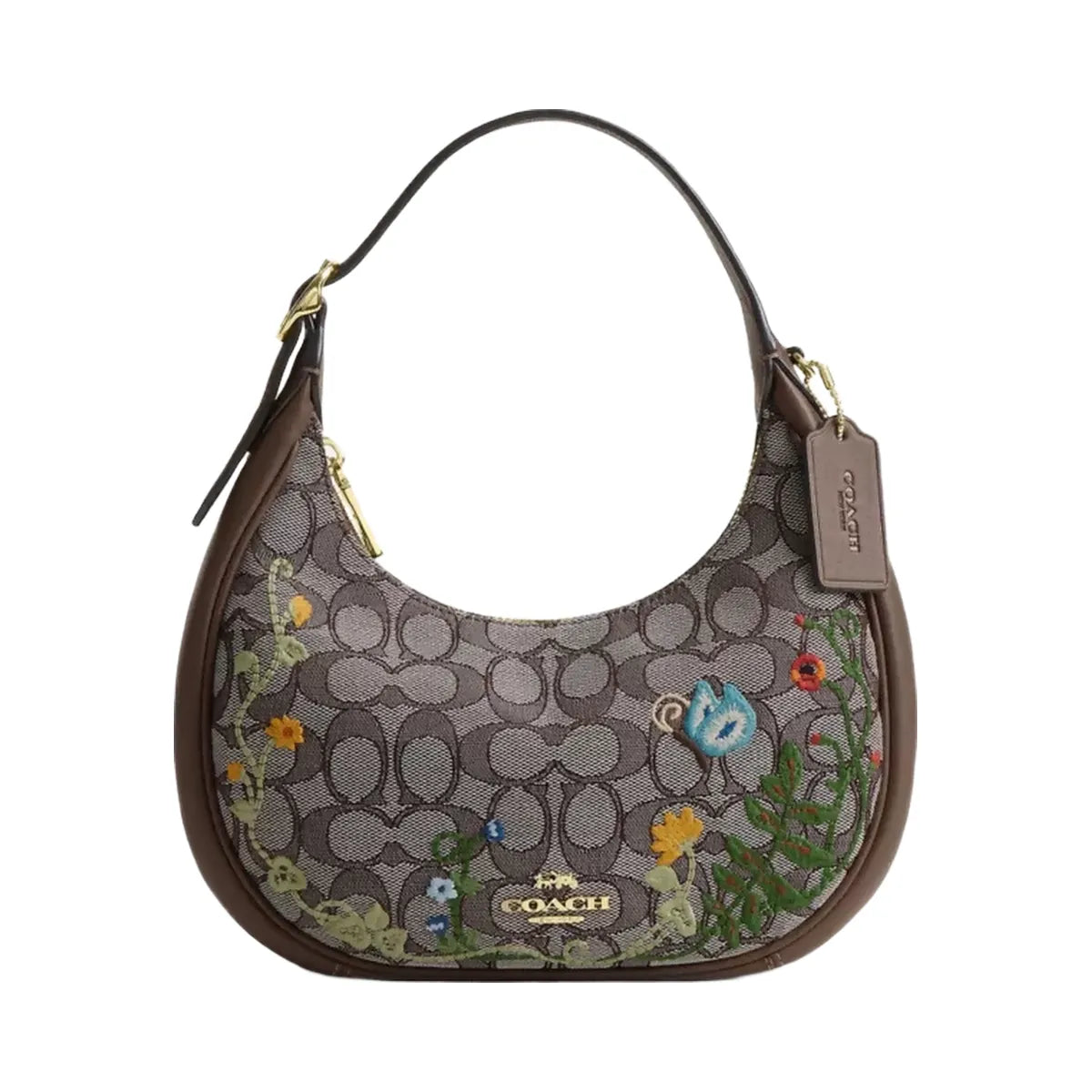Coach Emily Shoulder Bag In Signature Jacquard With Floral Embroidery in Gold Oak Multi