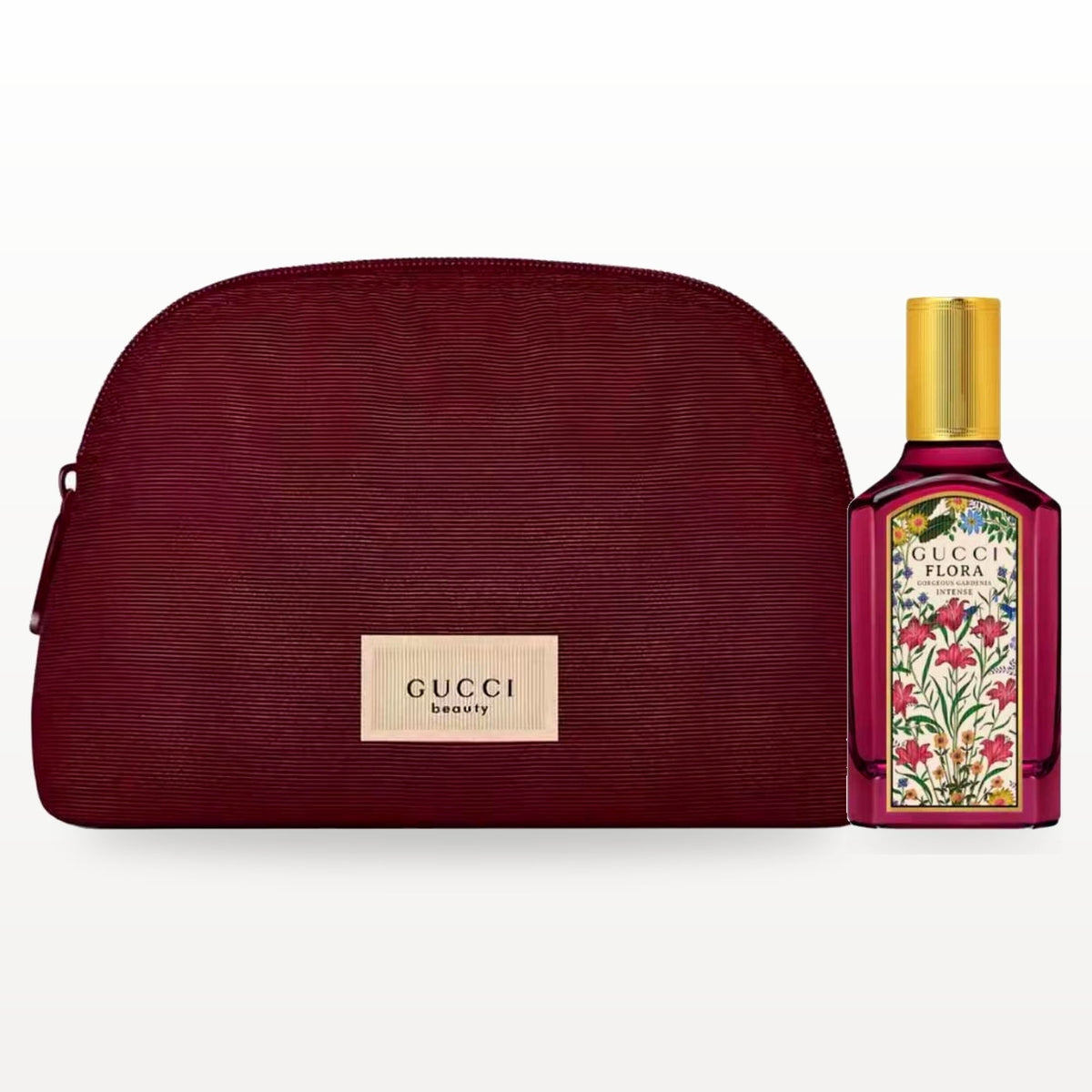 Gucci gift set (Gucci burgundy makeup pouch + gucci flora gorgeous gardenia intense edp 5 ml)