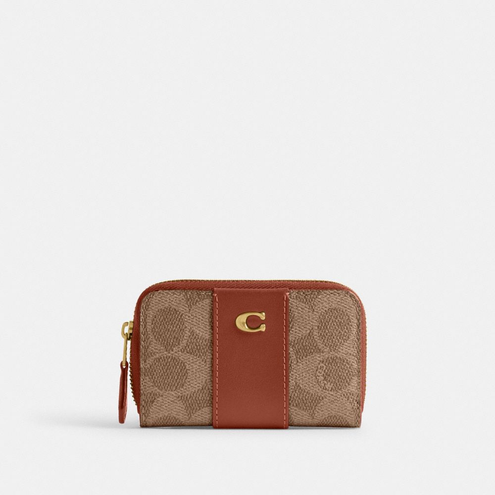 Coach Essential Small Zip Around Card Case In Signature Canvas Brass Tan Caramel