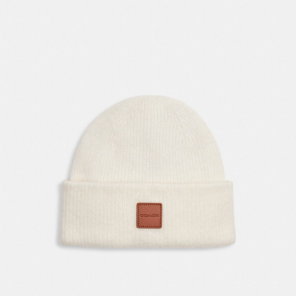 Coach Knit Beanie With Leather Patch Chalk