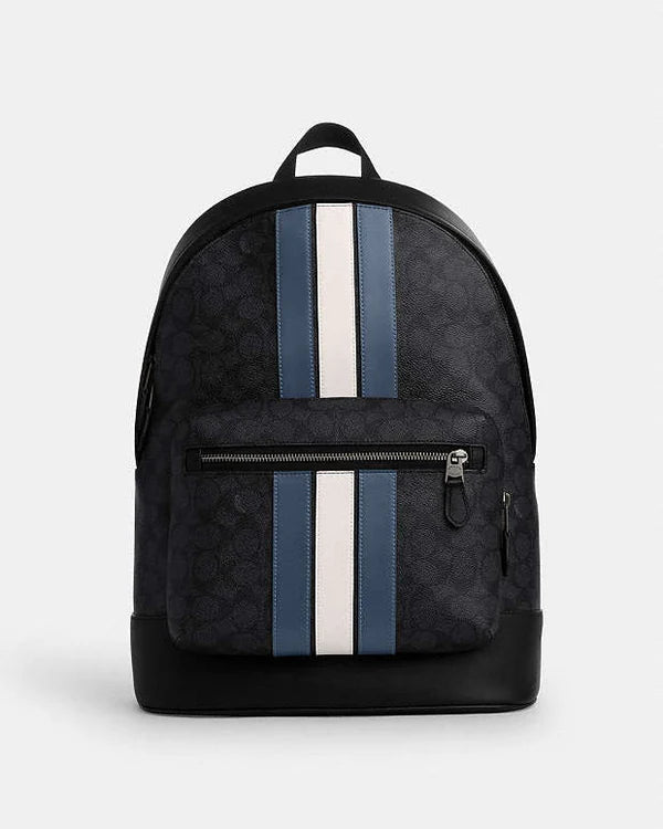 Coach West Backpack In Signature Canvas With Varsity Stripe Signature Canvas-Gunmetal-Charcoal-Denim-Chalk