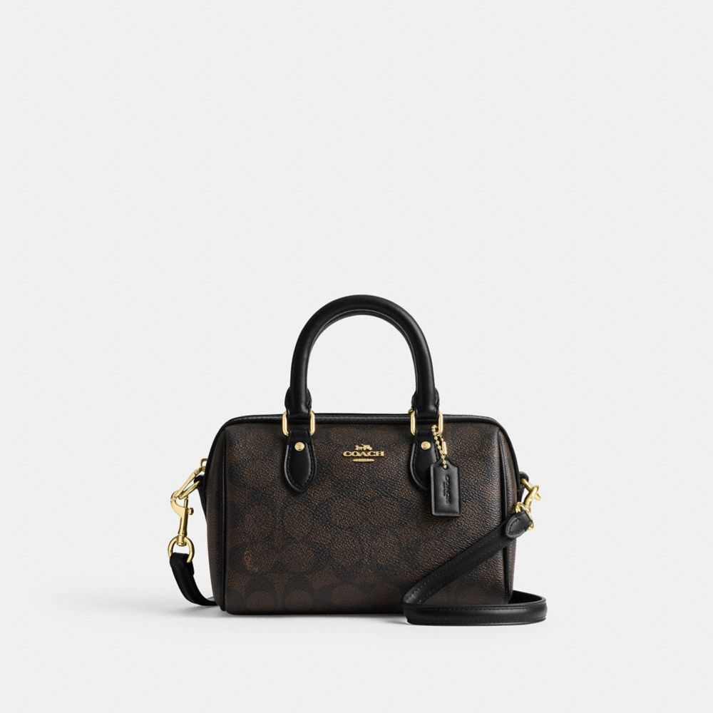 Coach Mini Rowan Crossbody Bag In Signature Canvas Gold Walnut Black