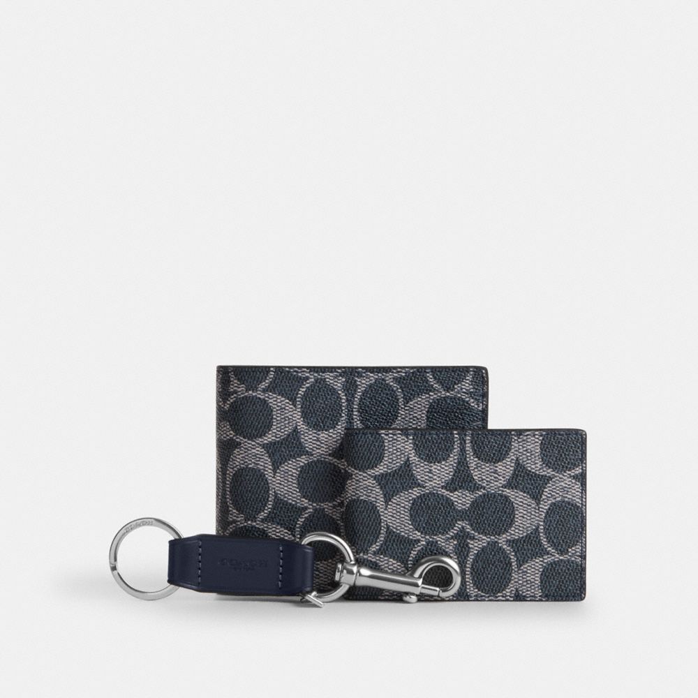 Coach Boxed 3 In 1 Wallet Gift Set In Signature Canvas Silver Denim Chalk