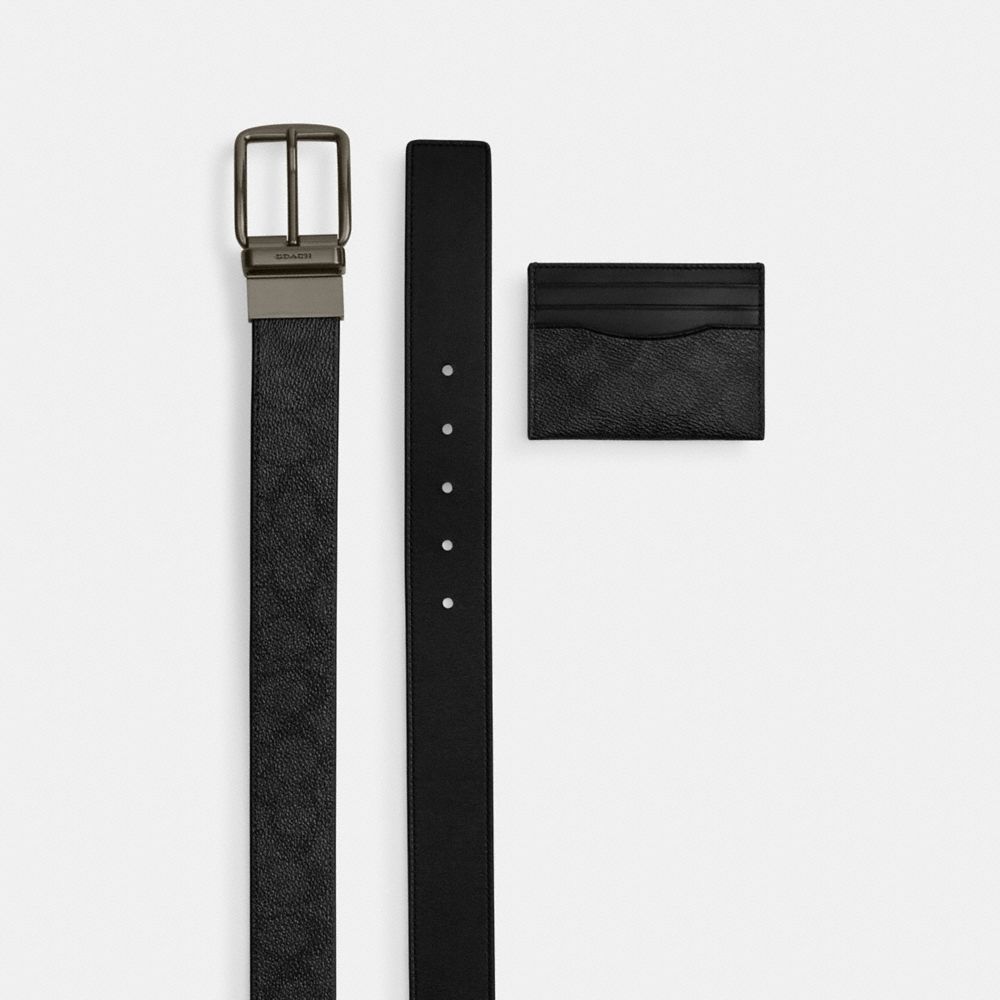 Coach Boxed Card Case And Belt Set In Signature Canvas Gunmetal Charcoal Black
