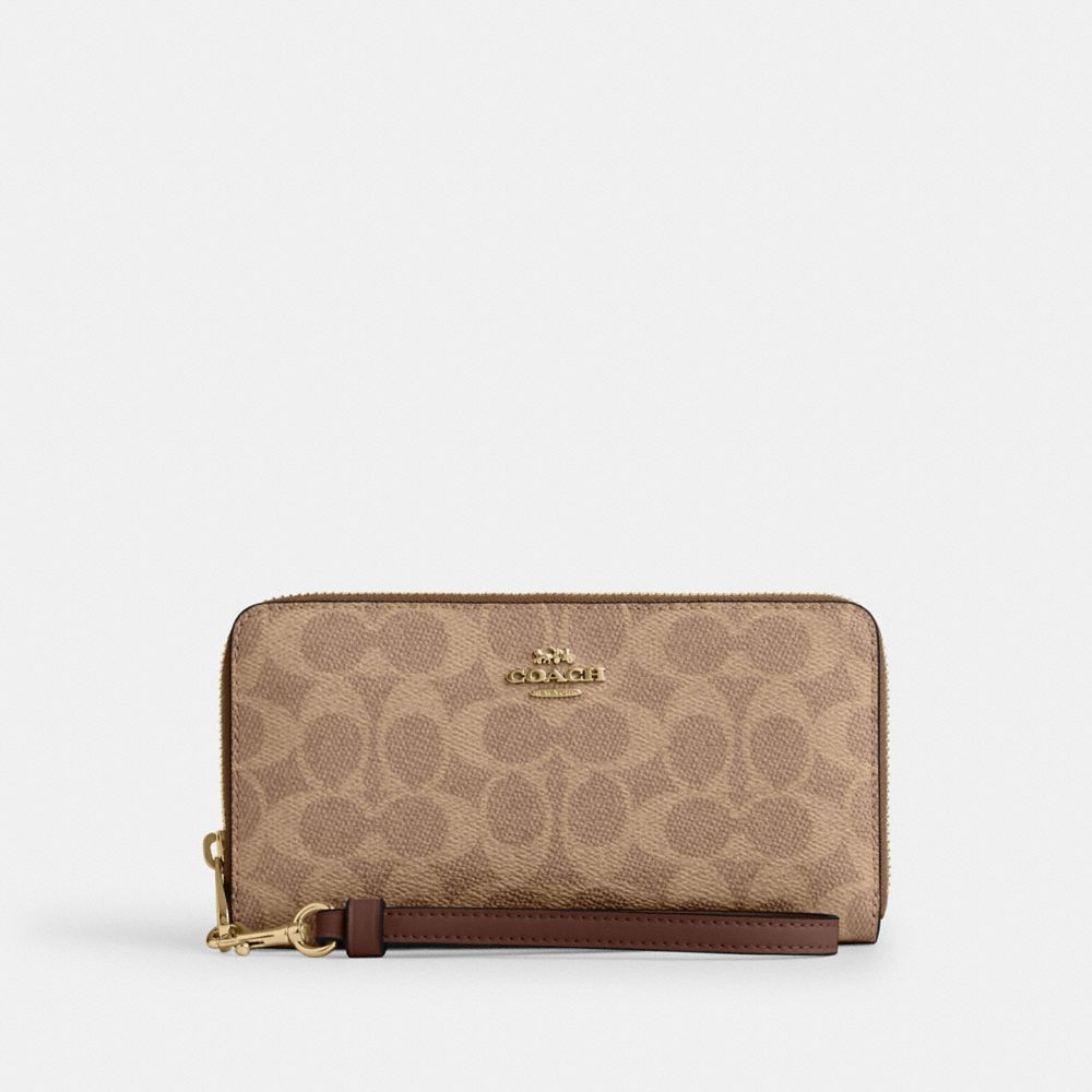 Coach Long Zip Around Wallet In Signature Canvas Gold Tan Brown