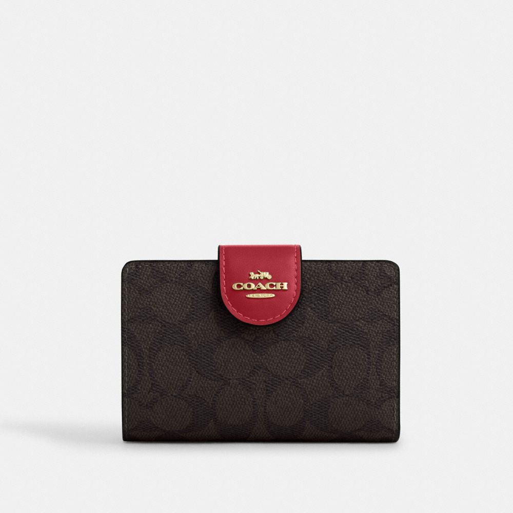 Coach Medium Corner Zip Wallet In Signature Canvas Gold Walnut True Red