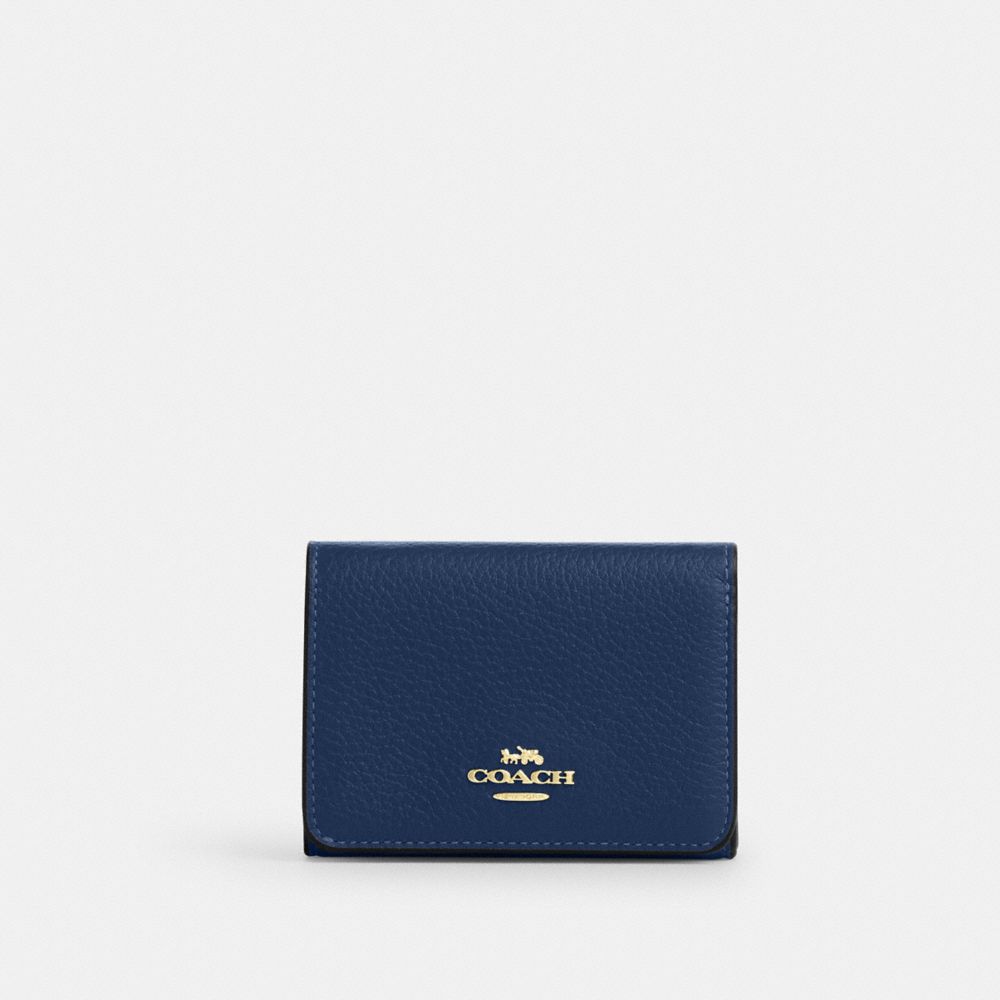 Coach Card Holder Wallet In Signature Canvas Gold Tan Deep Blue