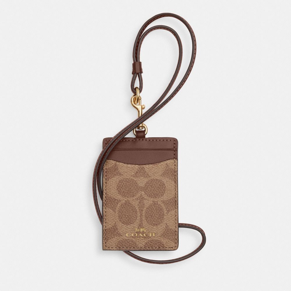 Coach Id Lanyard In Signaure Canvas Gold Tan Brown