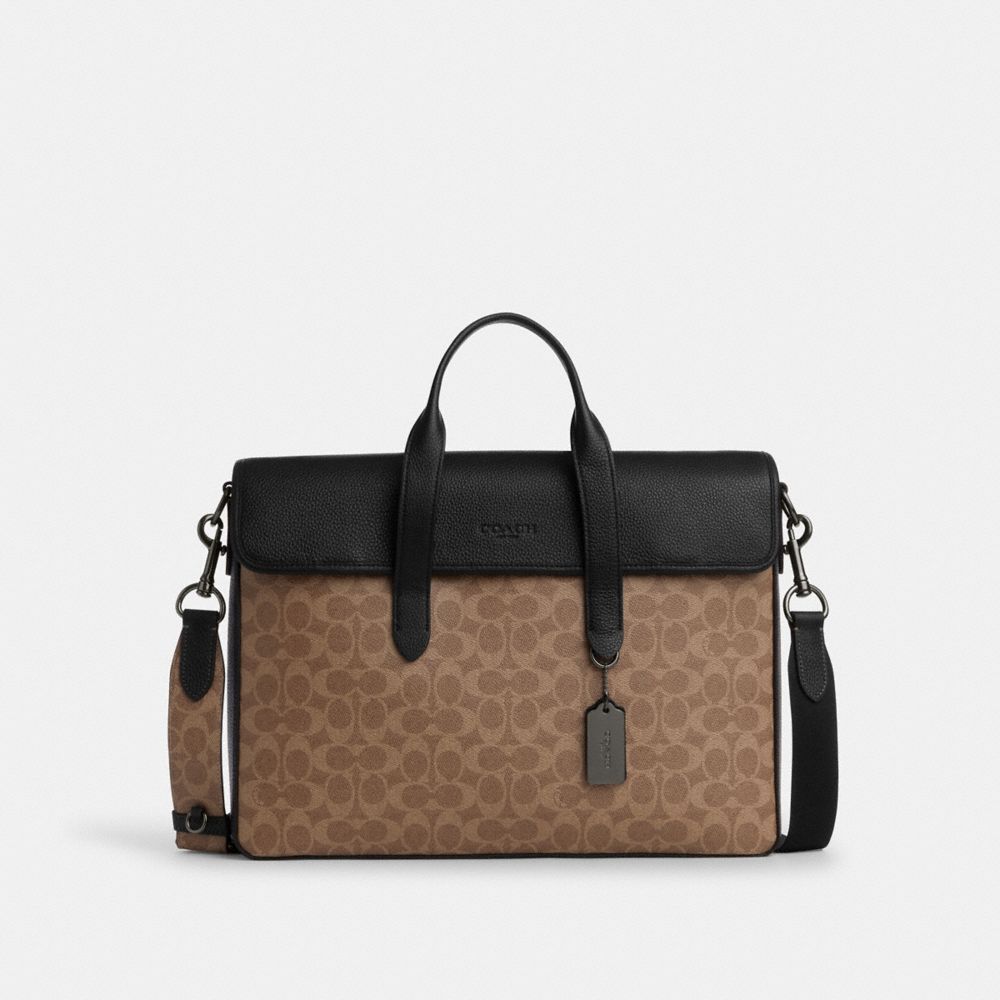 Coach Sullivan Portfolio Brief In Signature Canvas Gunmetal Tan Black