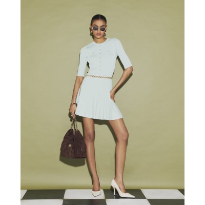 Green Knitted Pointelle Skater Mini Dress