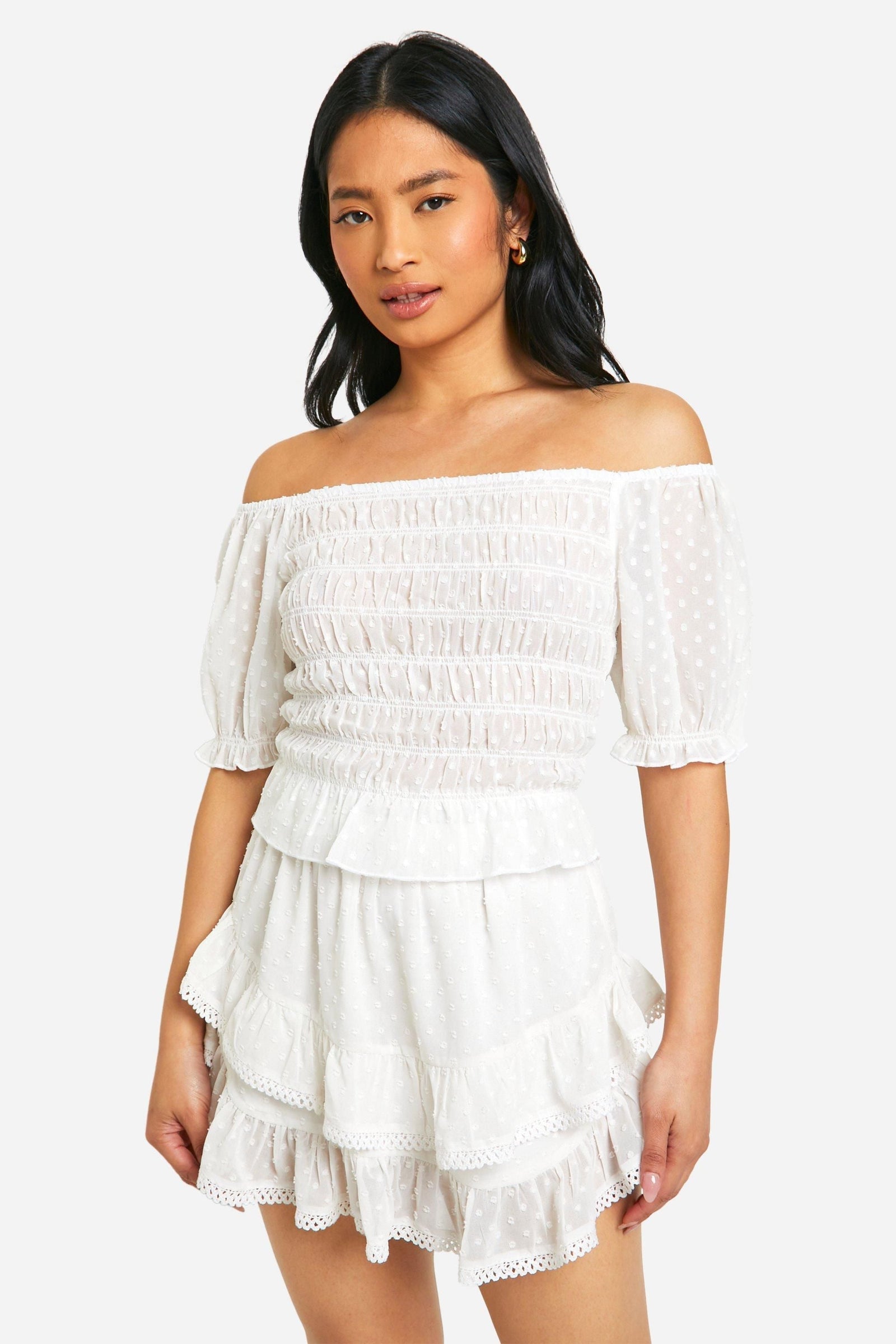 Petite Dobby Shirred Puff Sleeve Crop Top