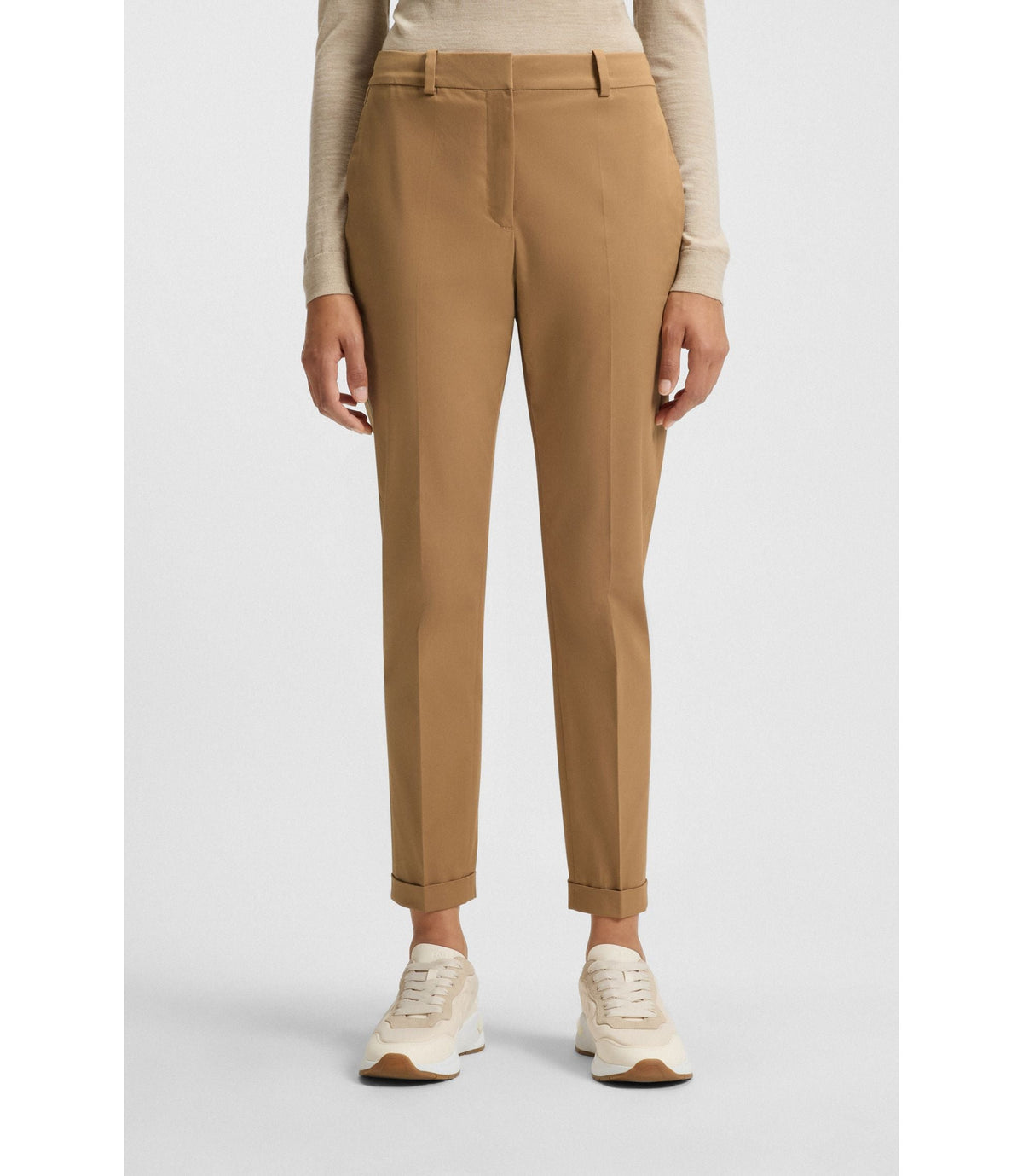 Boss Regular Fit Trousers In Stretch Cotton Twill Beige Women's
