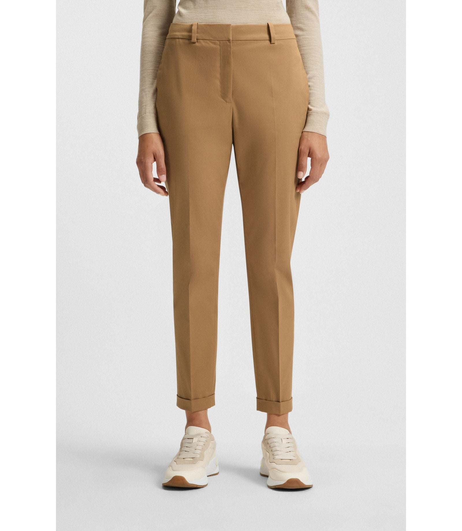 Boss Regular Fit Trousers In Stretch Cotton Twill Beige Women's