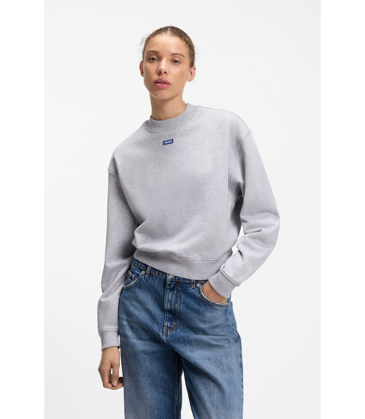 Hugo Cotton Terry Sweatshirt With Logo Badge Light Grey Women's