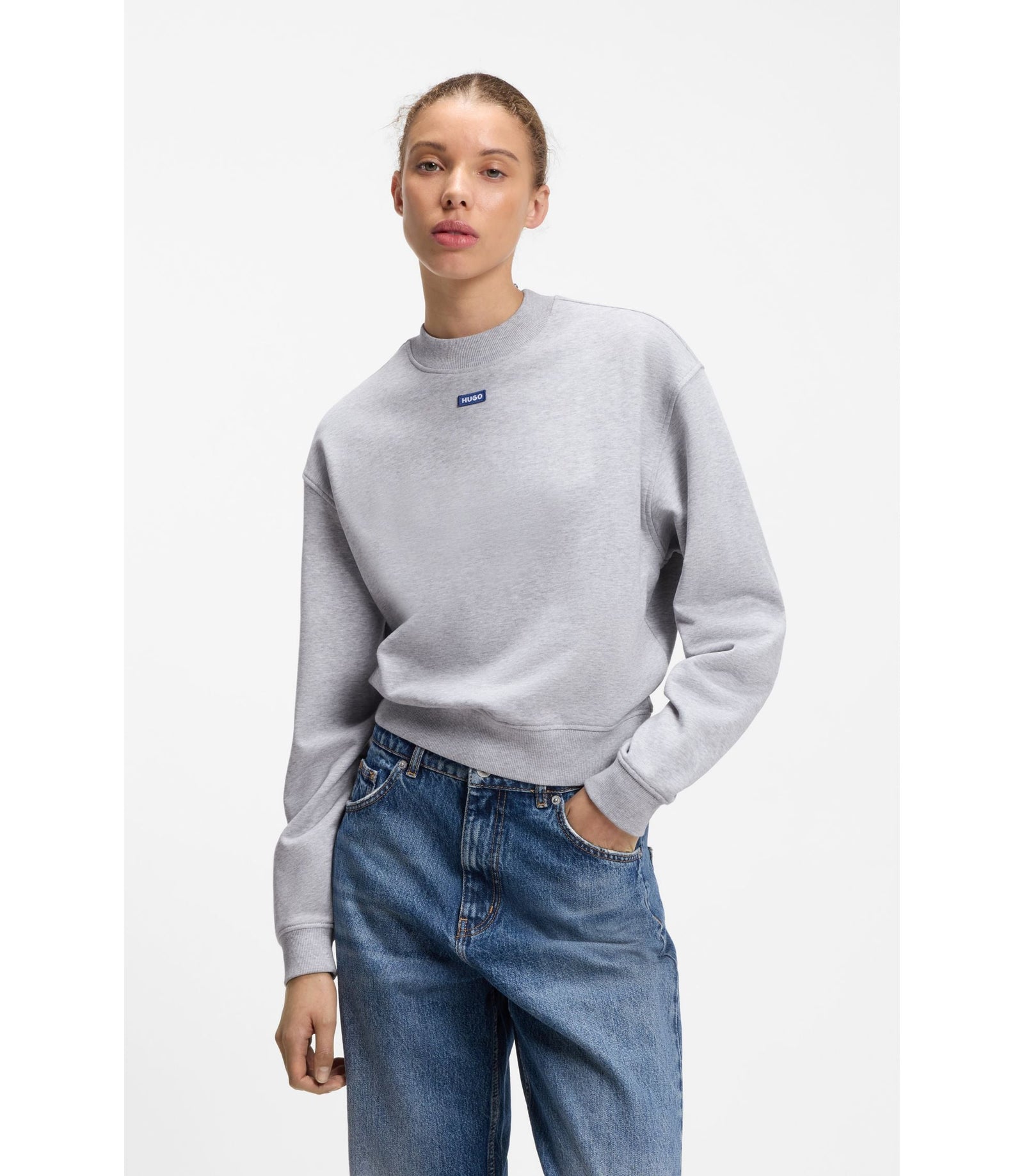 Hugo Cotton Terry Sweatshirt With Logo Badge Light Grey Women's