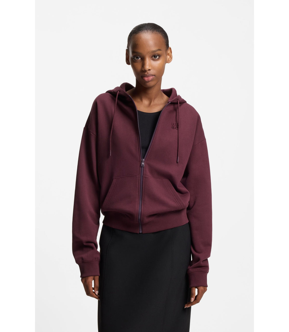 Hugo Cotton Terry Zip Up Hoodie With Stacked Logo Embroidery Dark Purple Women's